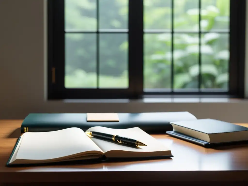 Un espacio sereno y minimalista para la escritura, con luz natural y elementos elegantes