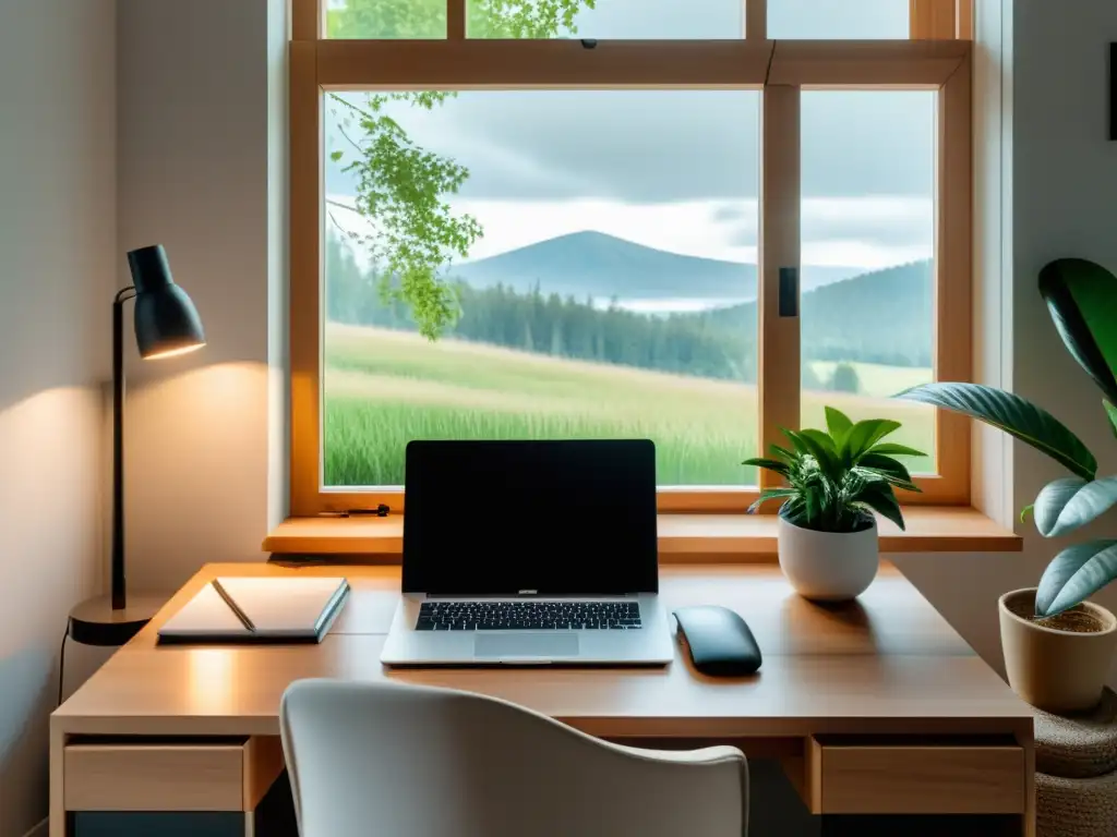 Un espacio sereno y minimalista para trabajar con una gran mesa de madera frente a una ventana, bañado por luz natural suave