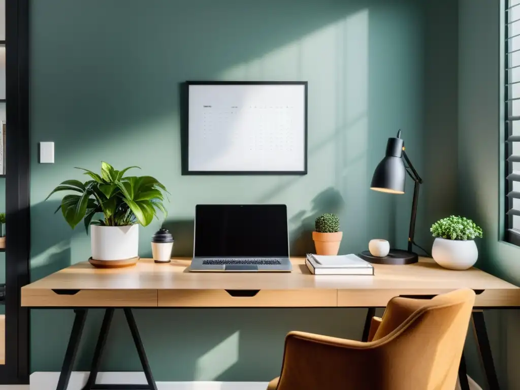 Un espacio de trabajo acogedor con un escritorio moderno y minimalista bañado por luz natural