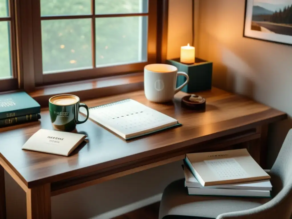 Espacio de trabajo acogedor con libros autoeditados atados con cinta festiva, taza de café caliente y calendario de temporada festiva