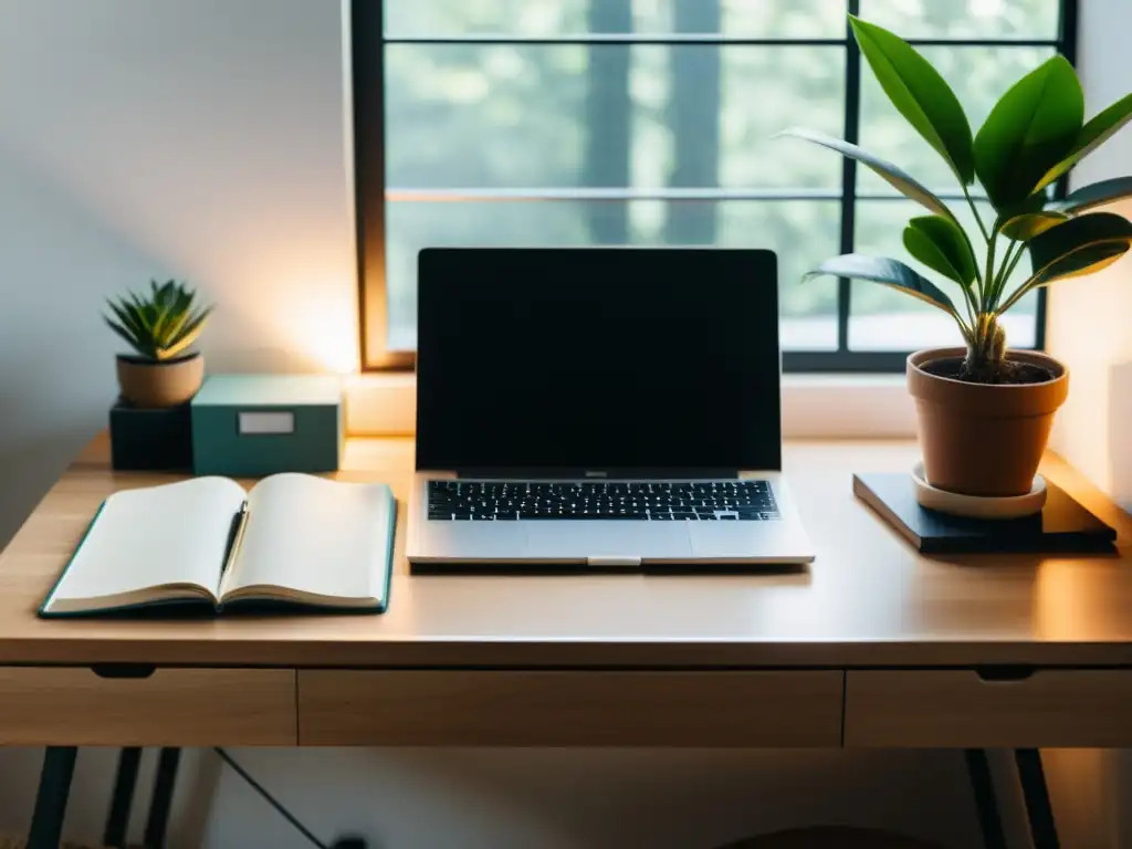 Espacio de trabajo para el desarrollo de series literarias, con laptop, cuadernos, café y plantas, bañado por luz natural