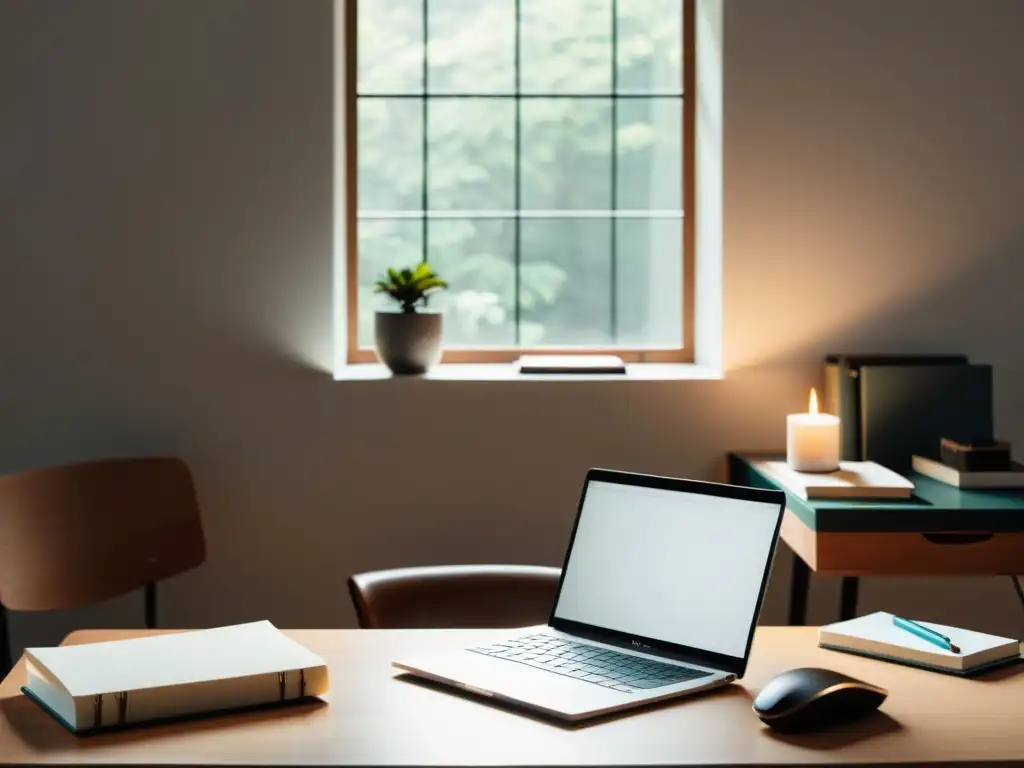 Espacio de trabajo de escritor minimalista con laptop, cuadernos organizados y pluma