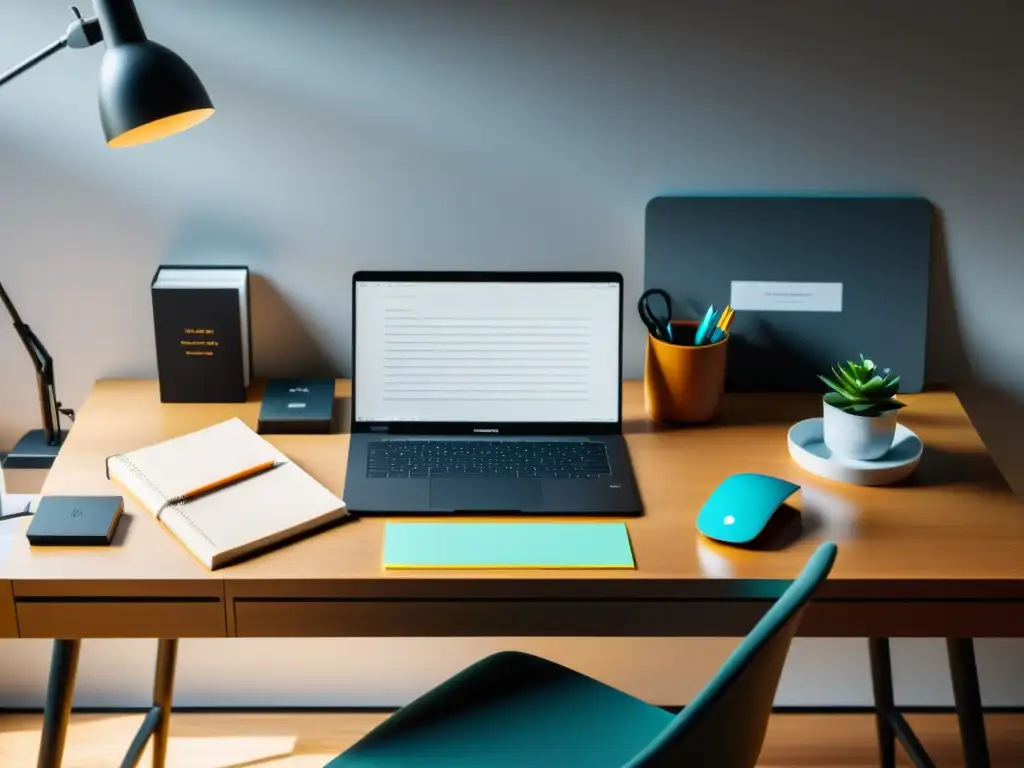 Escritorio minimalista: inspiración creativa en 8k Un espacio de trabajo minimalista, bañado por luz natural, con laptop, cuaderno y herramientas creativas ordenadas