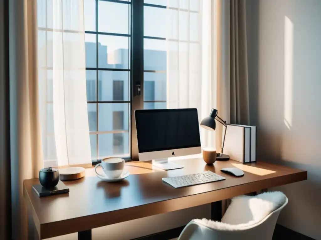 Espacio de trabajo minimalista con computadora, bloc de notas, pluma y café, bañado en luz natural