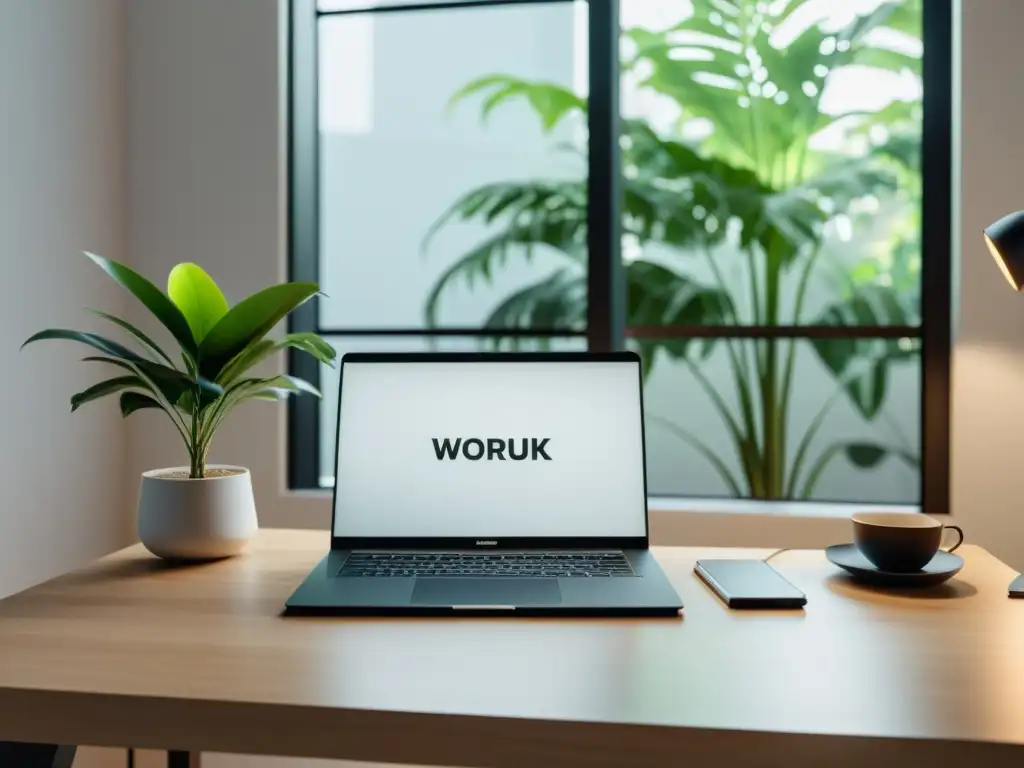 Un espacio de trabajo minimalista y detallado con una laptop, libros, una planta y lentes, bañado por luz natural