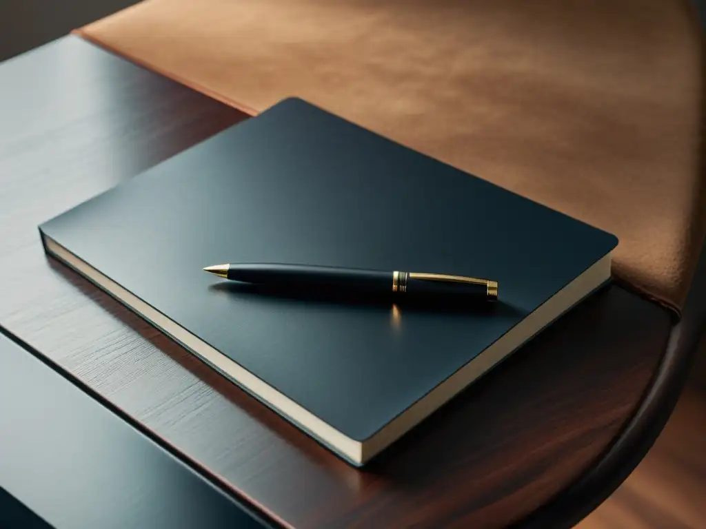 Un espacio de trabajo minimalista con elegante escritorio de madera oscura, pluma sobre cuaderno de cuero