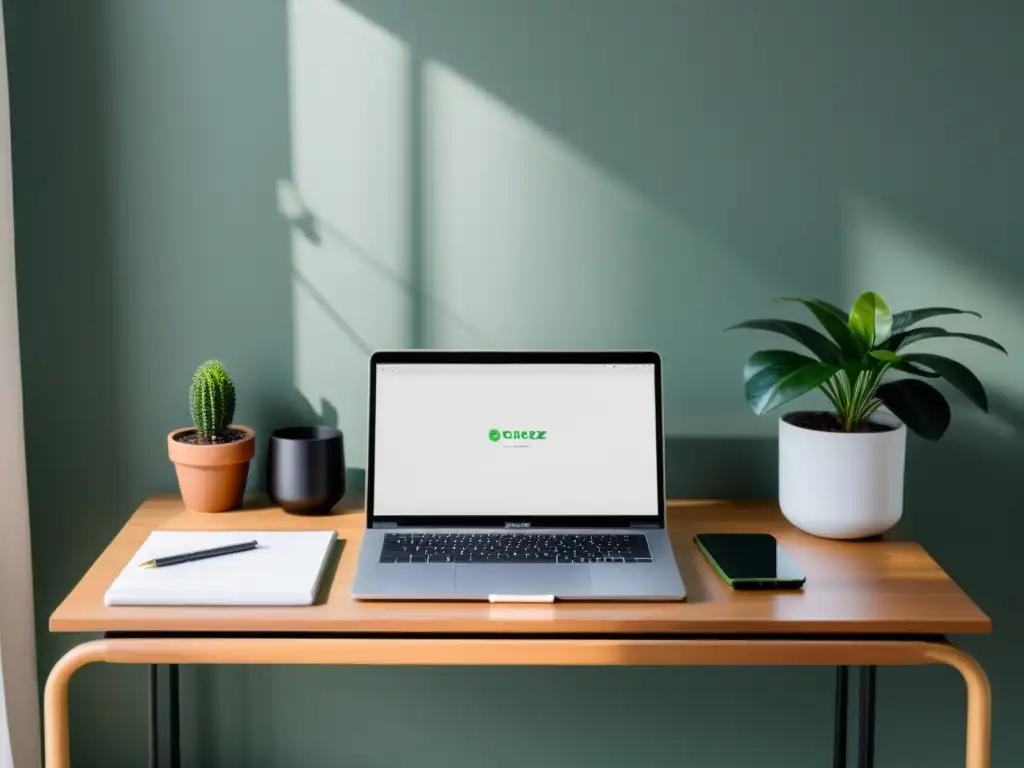 Un espacio de trabajo minimalista con una elegante y moderna mesa, bañada por luz natural, y herramientas para potenciar escritura creativa