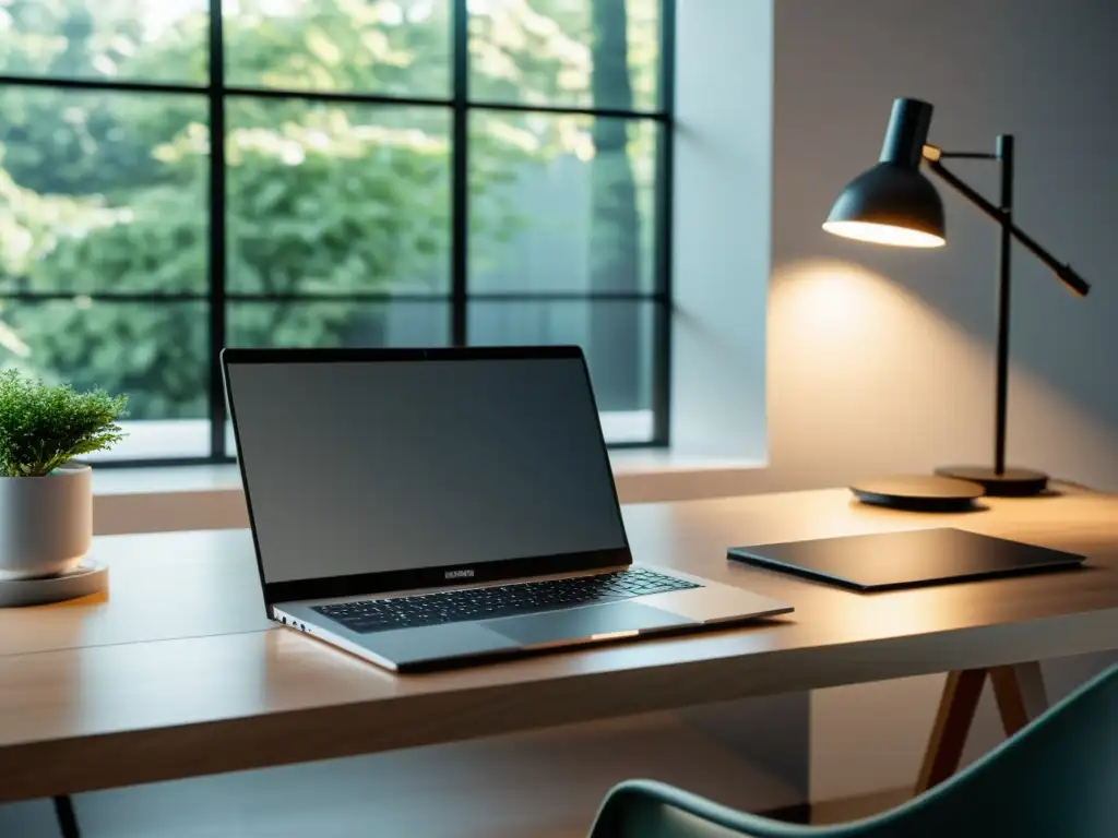 Un espacio de trabajo minimalista y elegante con un portátil de alta gama, teclado minimalista y una atmósfera enfocada en la productividad