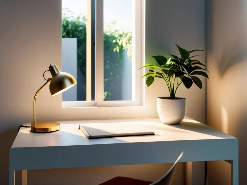 Un espacio de trabajo minimalista con un elegante escritorio blanco, una planta en maceta, una lámpara moderna y una libreta