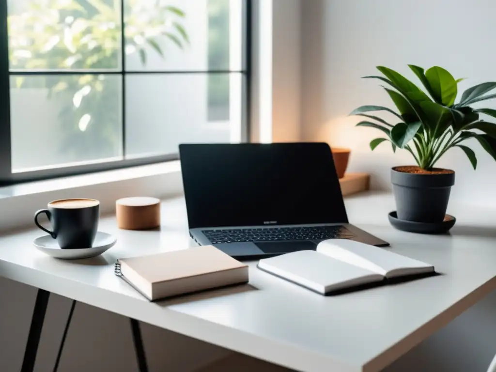 Un espacio de trabajo minimalista con un elegante portátil negro, libros apilados y una taza de café en un escritorio blanco impecable