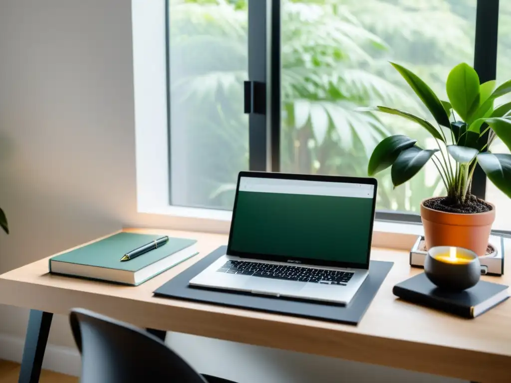 Un espacio de trabajo minimalista con un elegante escritorio moderno, libros de guionismo y una laptop de alta gama