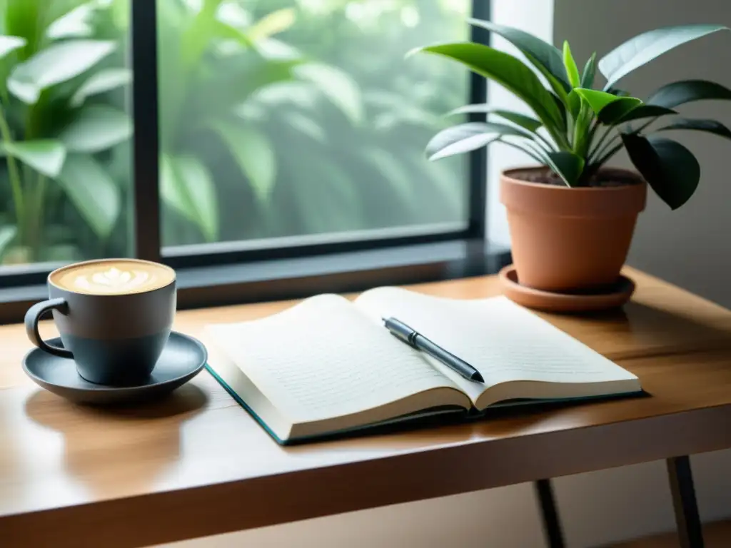 Un espacio de trabajo minimalista con un elegante escritorio de madera bañado por luz natural