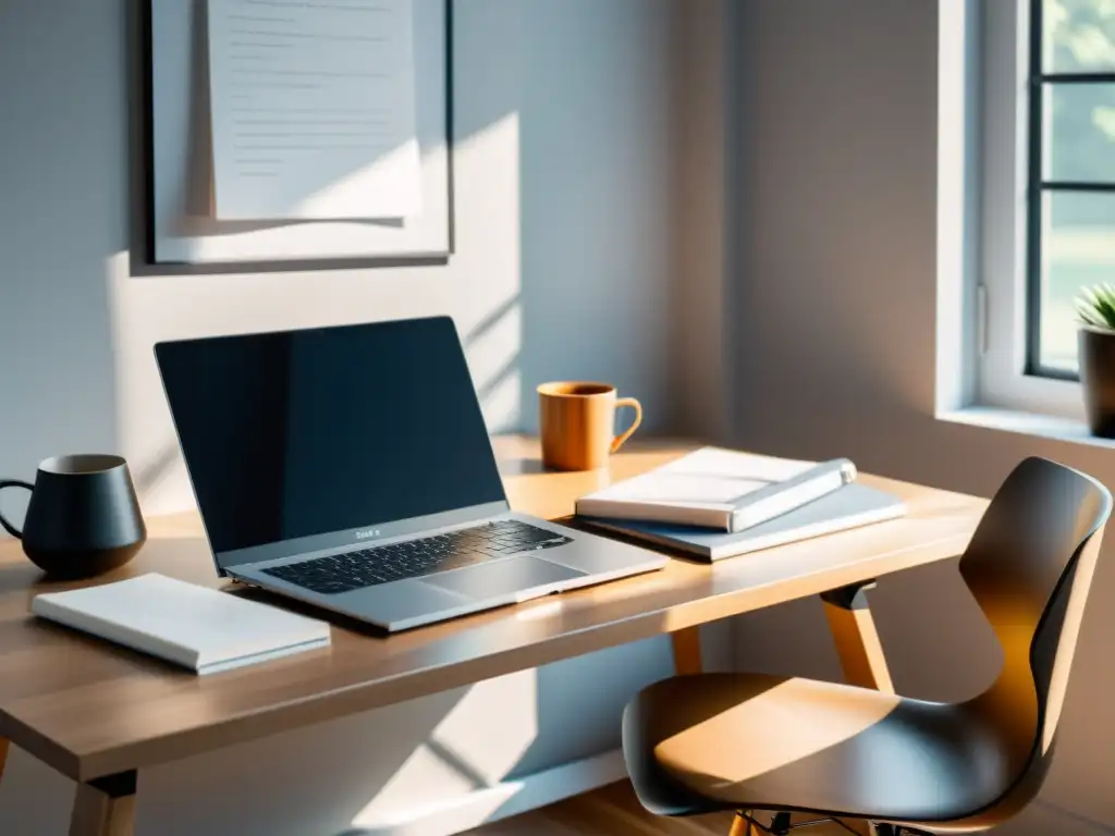 Un espacio de trabajo minimalista con un elegante escritorio moderno sosteniendo una computadora portátil, un cuaderno y una taza de café
