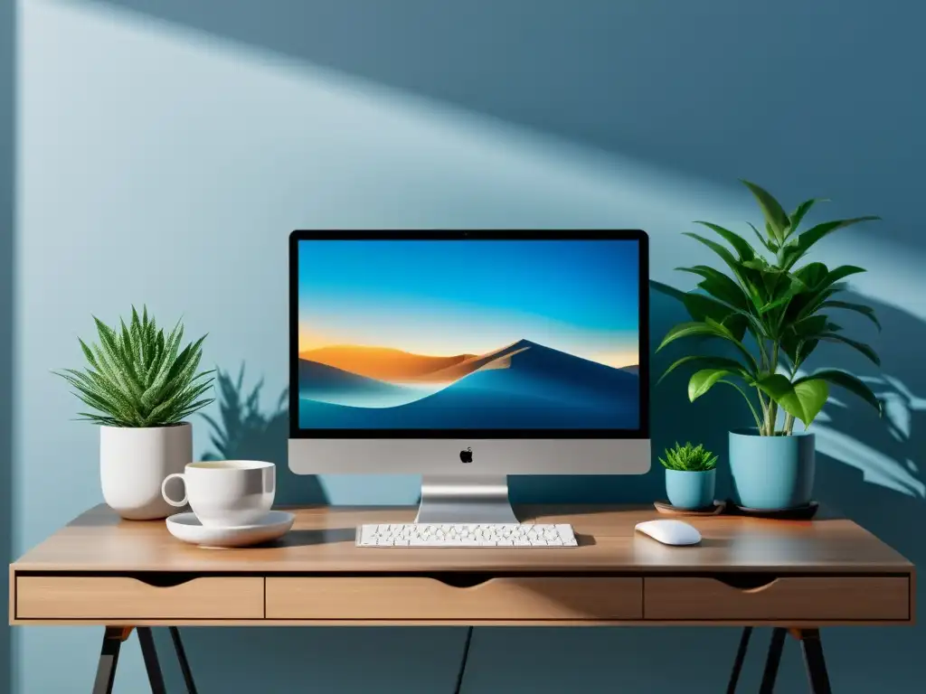 Un espacio de trabajo minimalista con un elegante monitor mostrando un suave filtro de luz azul, gafas ergonómicas, una taza de té y una planta