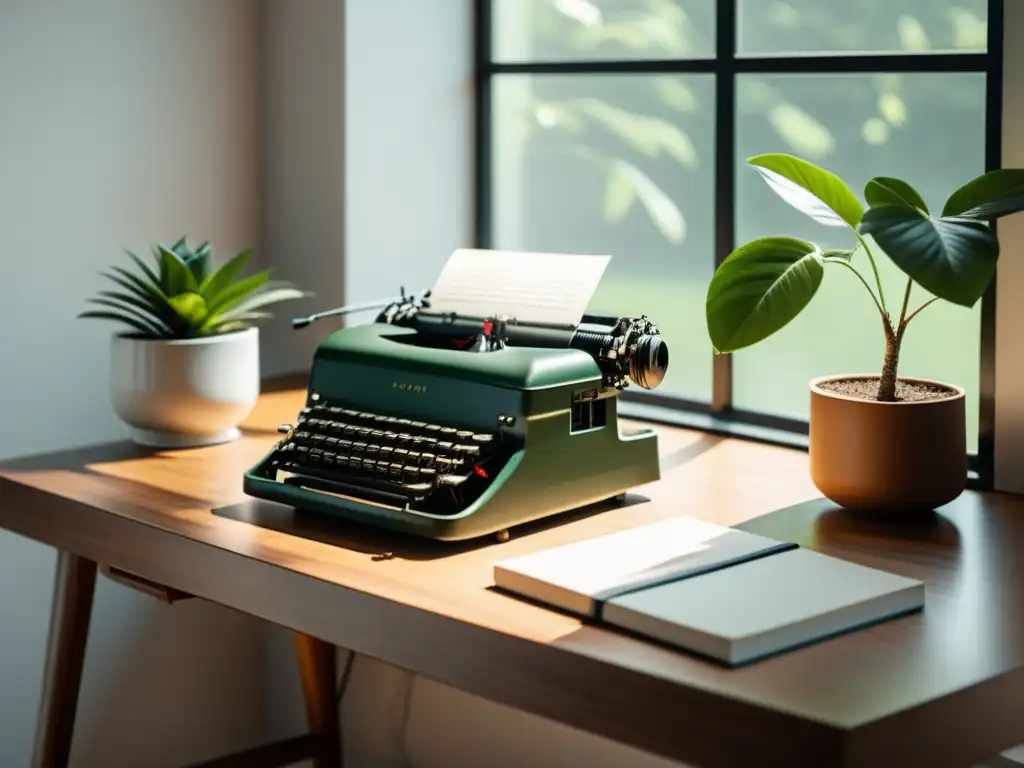 Un espacio de trabajo minimalista con un elegante escritorio de madera, una máquina de escribir vintage, libros y una planta