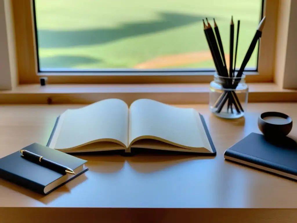 Un espacio de trabajo minimalista con un elegante temporizador plateado, cuadernos en blanco y un organizador de bolígrafos