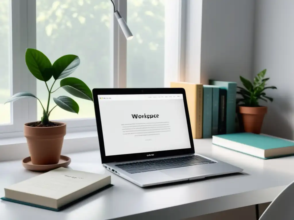 Un espacio de trabajo minimalista con un elegante portátil, libros de poesía, café y una planta en un escritorio blanco