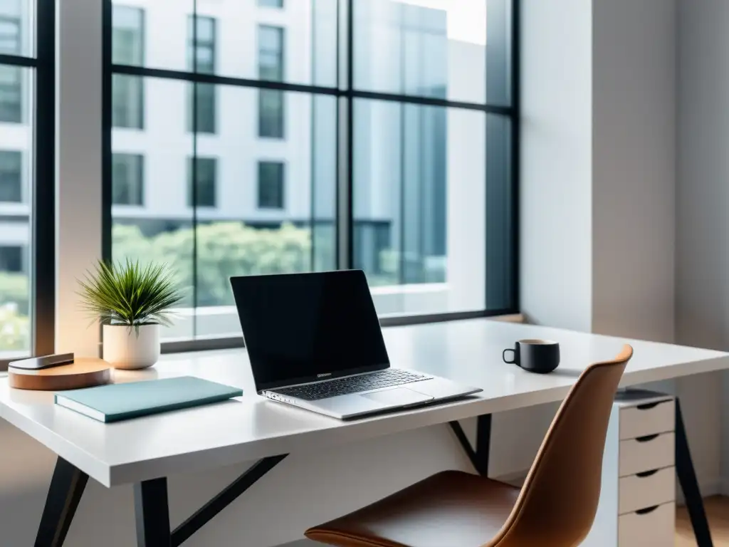 Un espacio de trabajo minimalista con un elegante portátil, bloc de notas y bolígrafo en un escritorio blanco, rodeado de decoración de oficina moderna y grandes ventanas con luz natural, creando un ambiente sereno y enfocado para la redacción profesional y comunicaciones corporativas