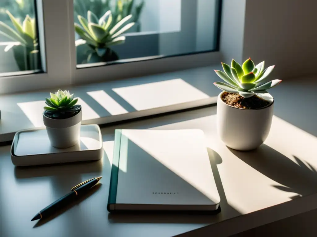 Un espacio de trabajo minimalista con un elegante escritorio blanco frente a una ventana soleada