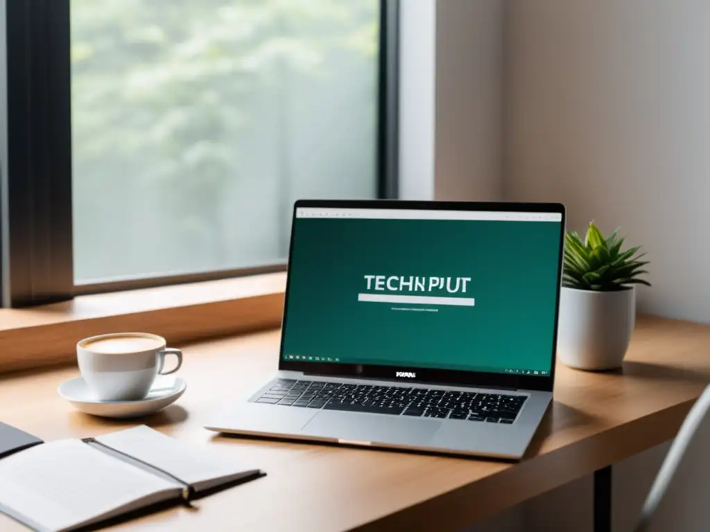 Un espacio de trabajo minimalista con un elegante portátil, una libreta y una taza de café, bañado por una suave luz natural