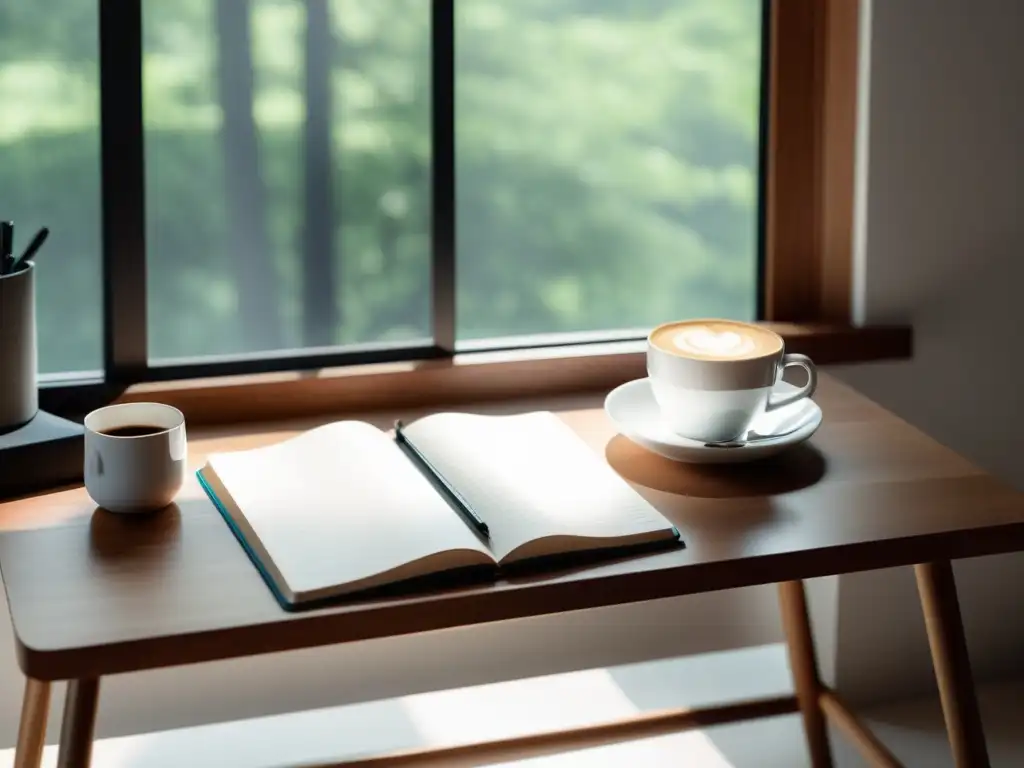 Un espacio de trabajo minimalista para escritores con una elegante mesa de madera, un moderno portátil, una elegante libreta, una taza de café y un bolígrafo sobre las páginas en blanco de un diario