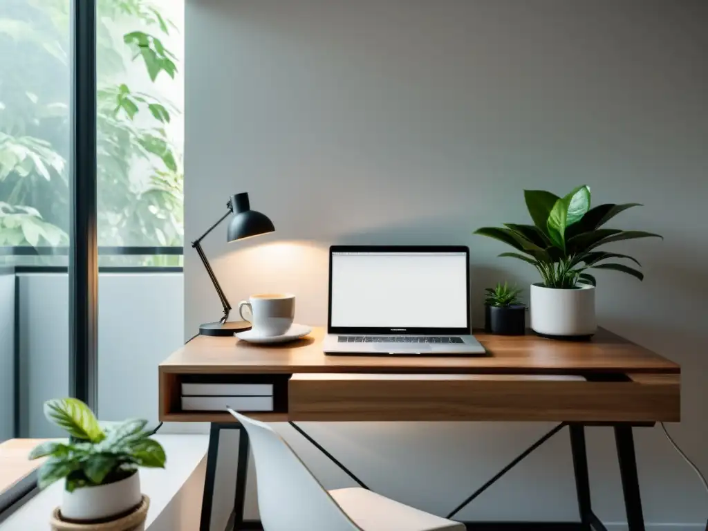 Espacio de trabajo minimalista con escritorio de madera, laptop, café, cuadernos y planta