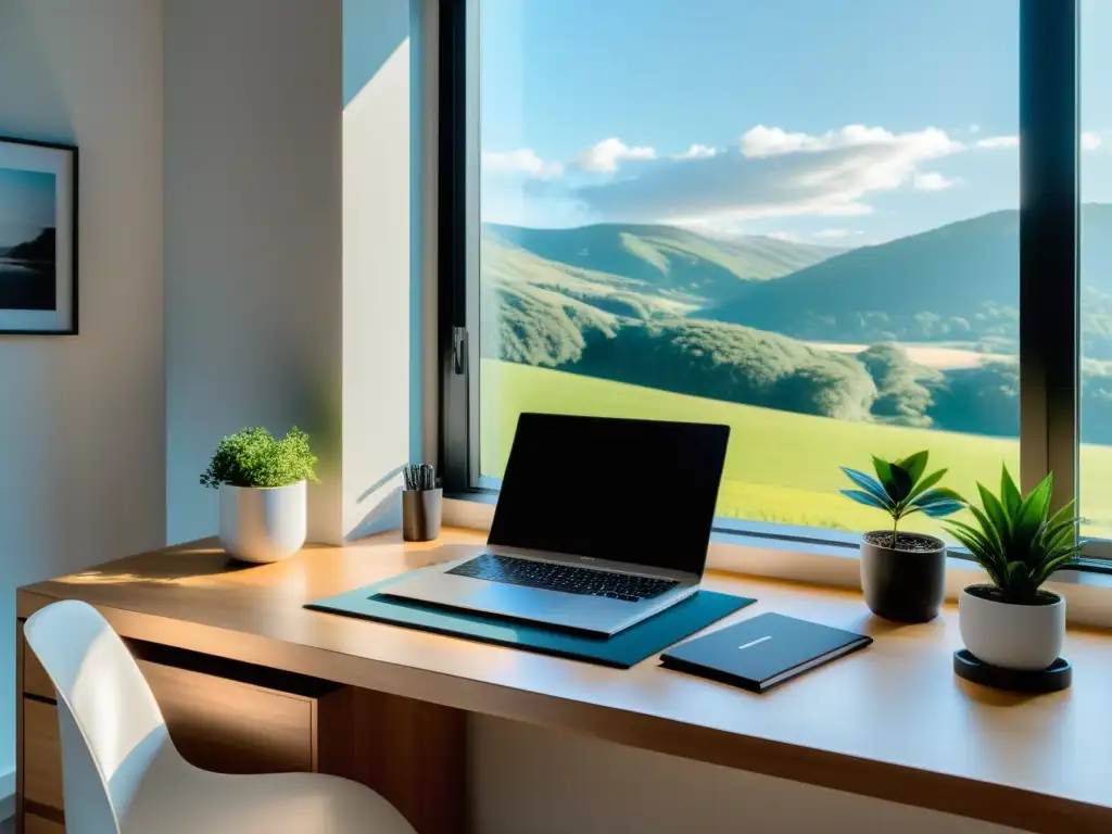 Un espacio de trabajo minimalista con un escritorio moderno y una ventana panorámica que ofrece vistas a un paisaje tranquilo iluminado por el sol