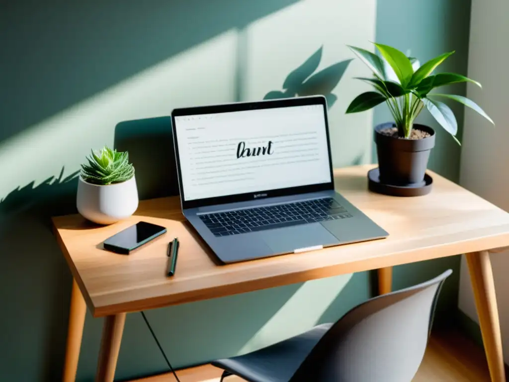 Un espacio de trabajo minimalista con un escritorio de madera, laptop moderna y utensilios de escritura