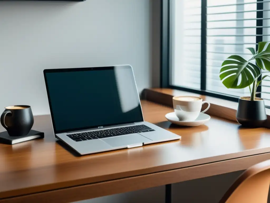 Espacio de trabajo minimalista con escritorio moderno, laptop, libreta y café