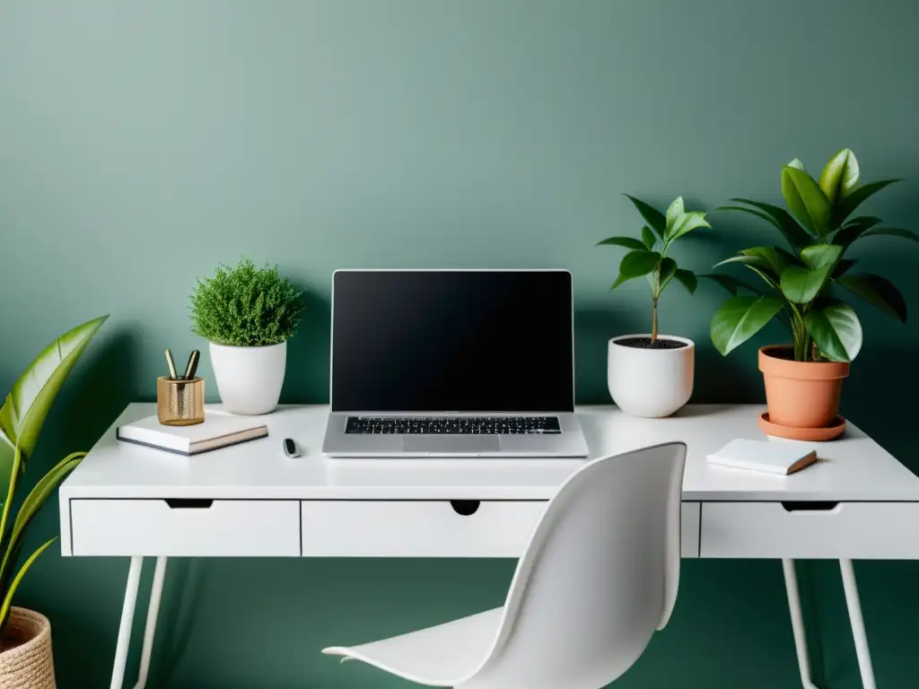 Espacio de trabajo minimalista con escritorio blanco, laptop moderna, elementos de escritura seleccionados y toque de vegetación