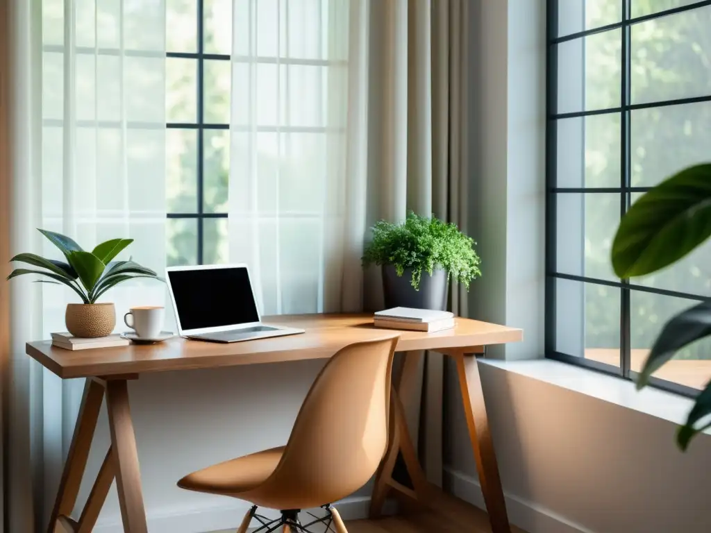 Espacio de trabajo minimalista con escritorio de madera, laptop, libros y café, bañado en luz natural