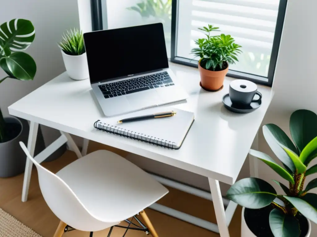 Un espacio de trabajo minimalista con un escritorio blanco, silla ergonómica, laptop y cuaderno