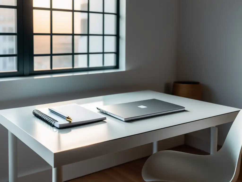 Un espacio de trabajo minimalista con escritorio blanco, silla ergonómica, laptop plateada y cuadernos en blanco