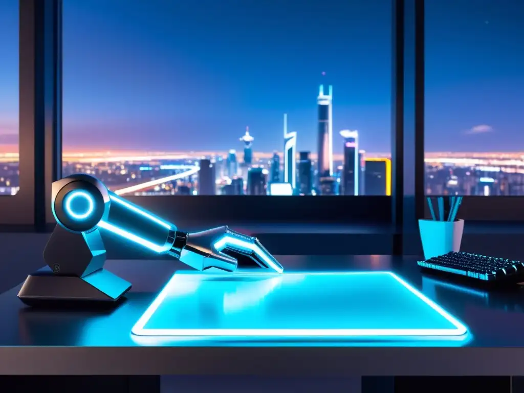 Un espacio de trabajo minimalista y futurista con un escritorio metálico y un teclado holográfico emitiendo una suave luz azul