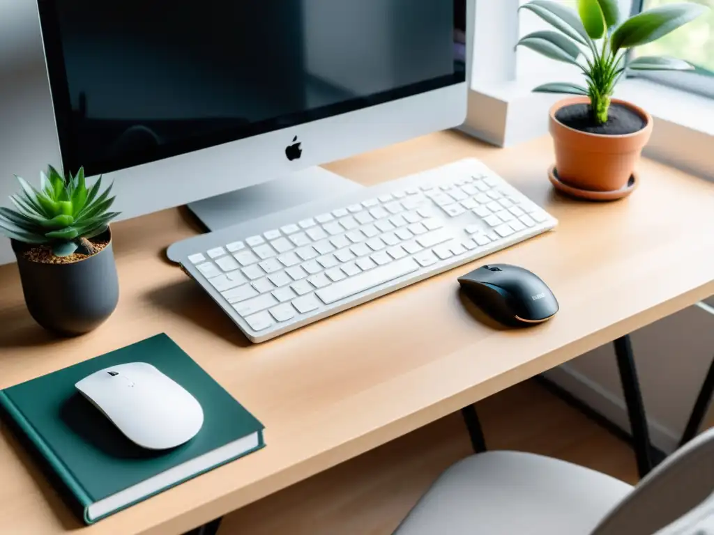 Un espacio de trabajo minimalista con herramientas para potenciar escritura creativa, iluminado por luz natural