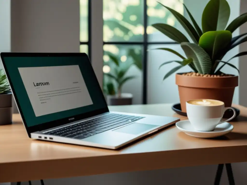 Un espacio de trabajo minimalista con laptop, libros, café y planta