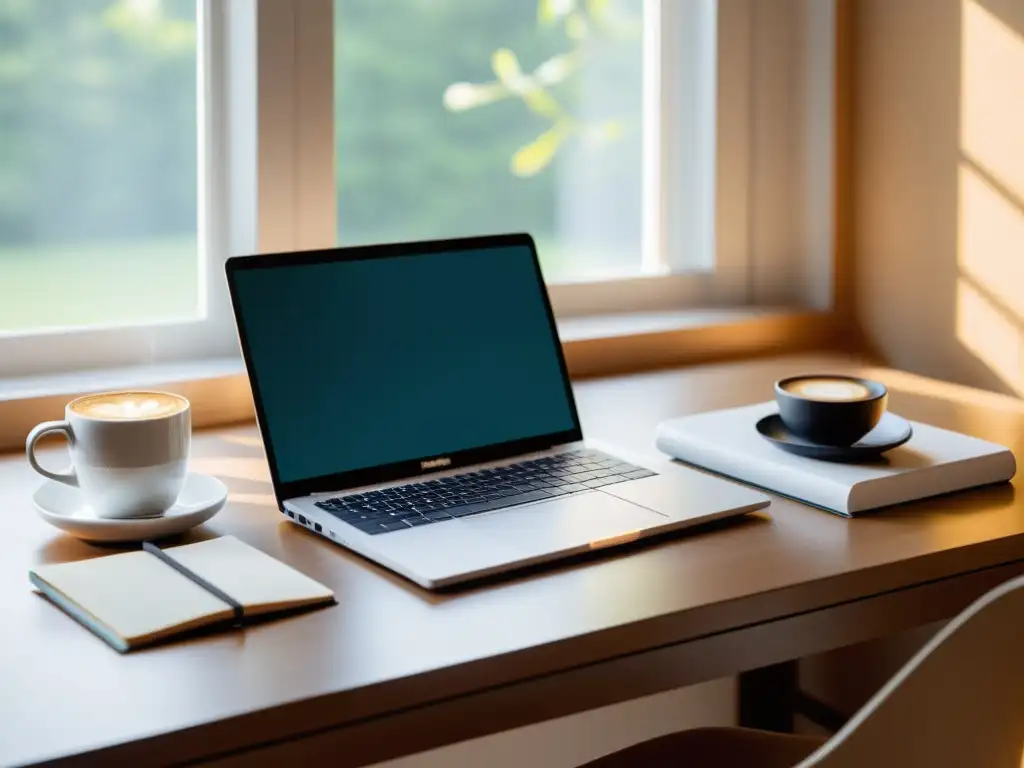 Espacio de trabajo minimalista con laptop, libro y café