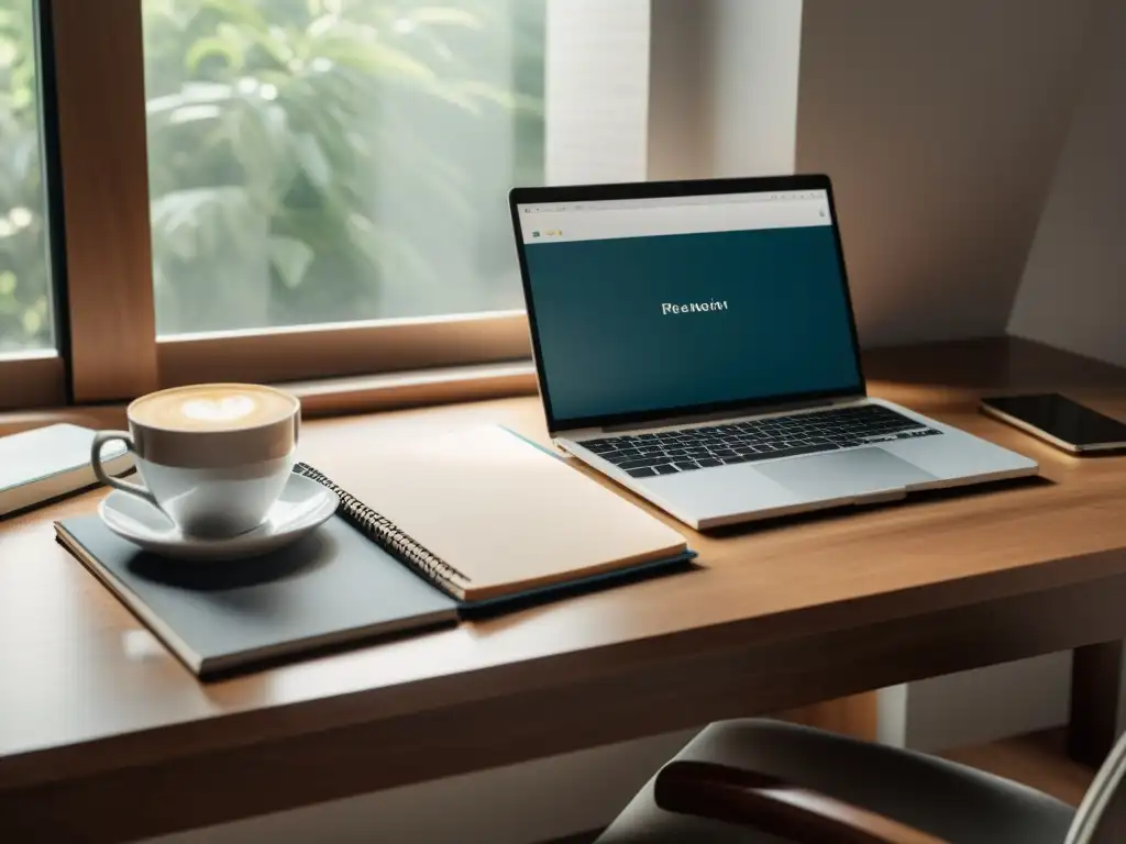 Un espacio de trabajo minimalista con laptop, libros, café y cuaderno, bañados en suave luz natural