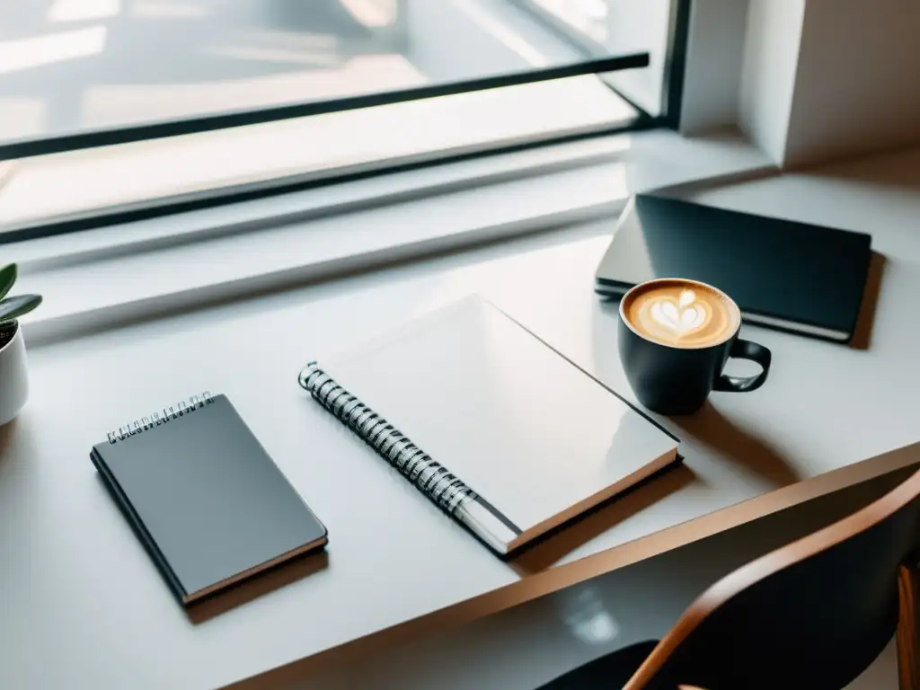 Un espacio de trabajo minimalista con laptop plateada, cuadernos organizados y café en mesa blanca