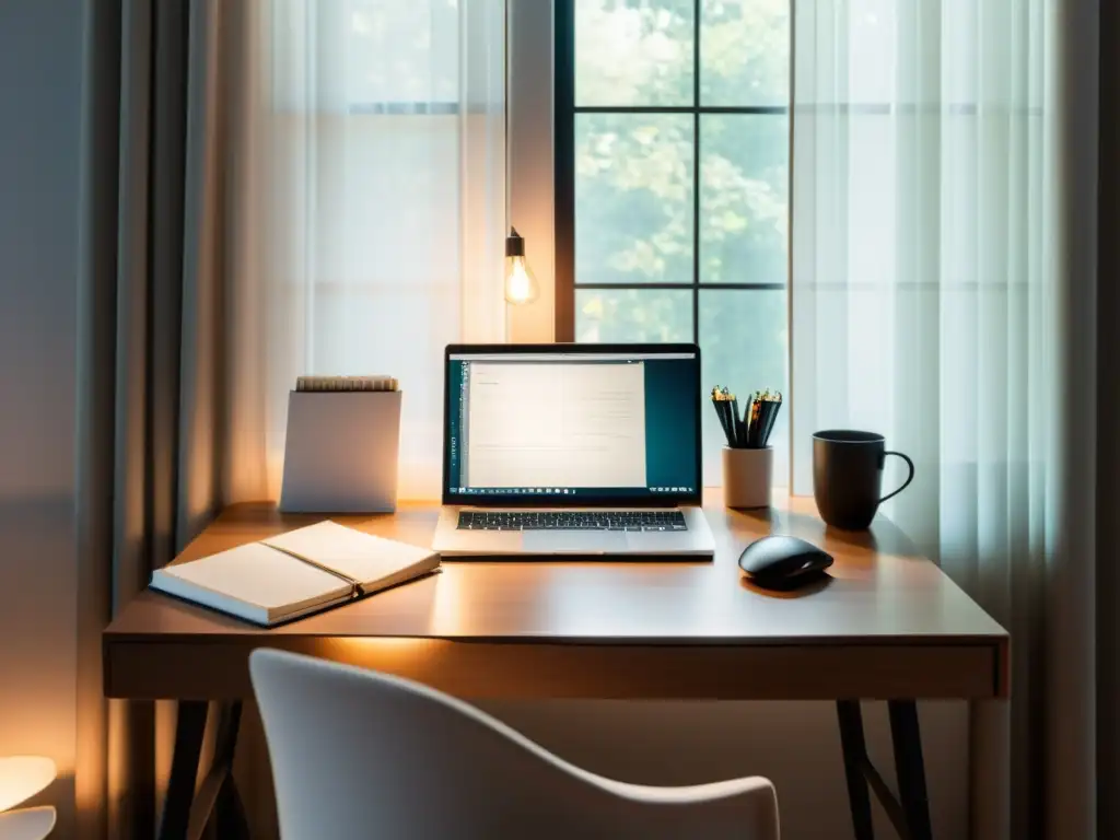 Un espacio de trabajo minimalista con laptop, cuadernos y bolígrafos organizados, iluminado por luz cálida