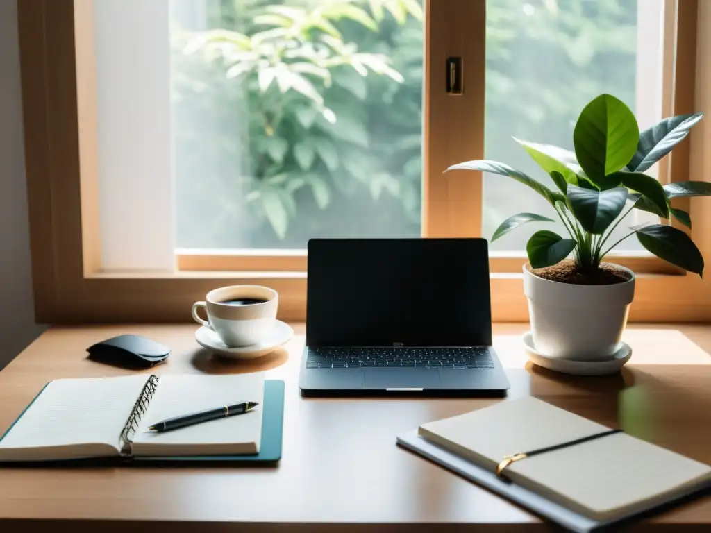 Espacio de trabajo minimalista con laptop, libretas y café