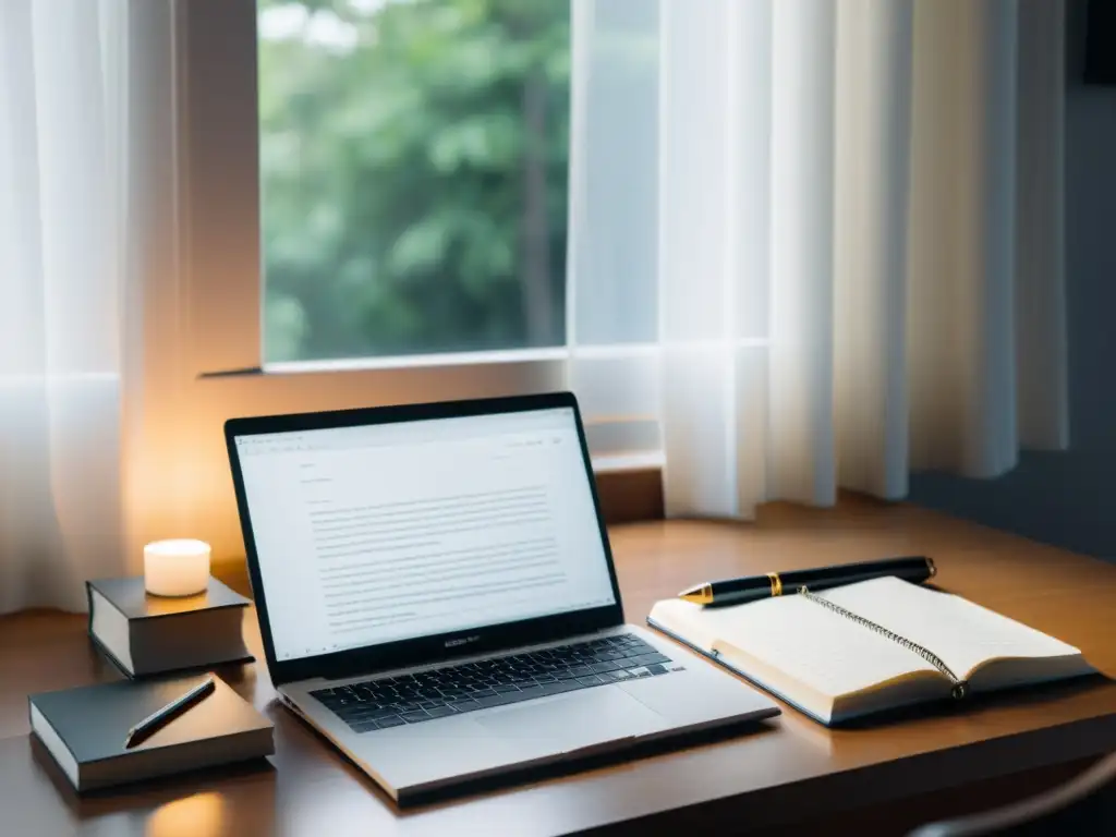 Espacio de trabajo minimalista con laptop, libros de guionismo, luz natural y aplicaciones para escritores de guiones