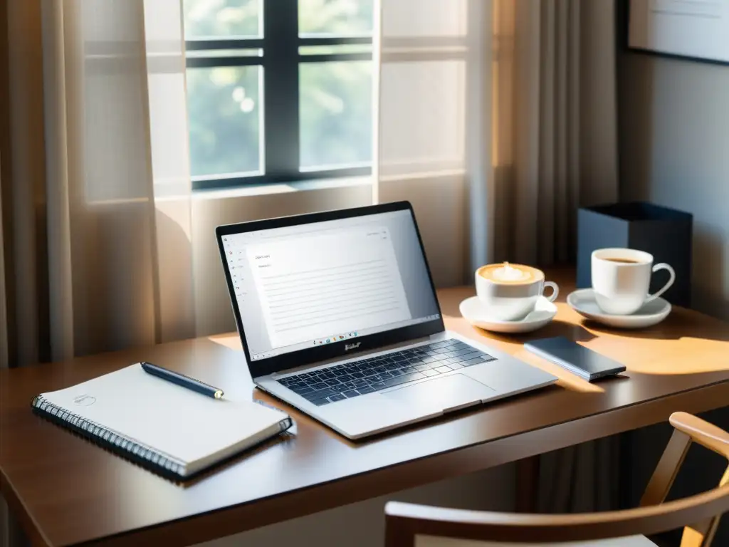 Un espacio de trabajo minimalista con laptop, cuaderno y café, bañado en luz matinal, invita a la creatividad y productividad