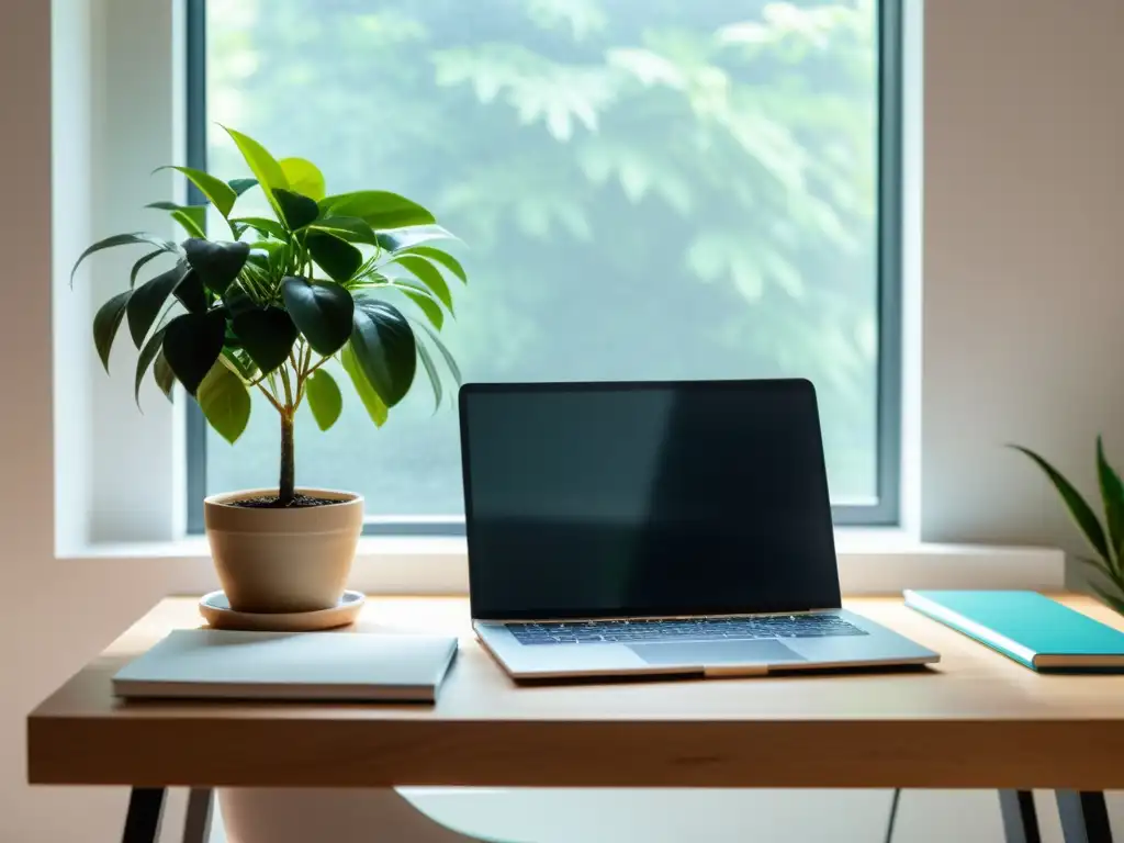 Un espacio de trabajo minimalista con laptop, café y libreta iluminado por luz natural