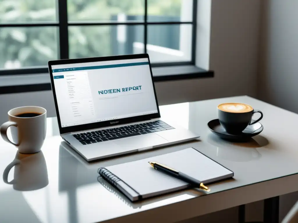 Un espacio de trabajo minimalista con laptop, notepad, café y luz natural