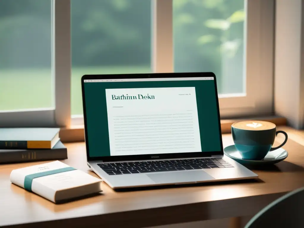 Un espacio de trabajo minimalista con laptop, libros y café, bañado en luz natural