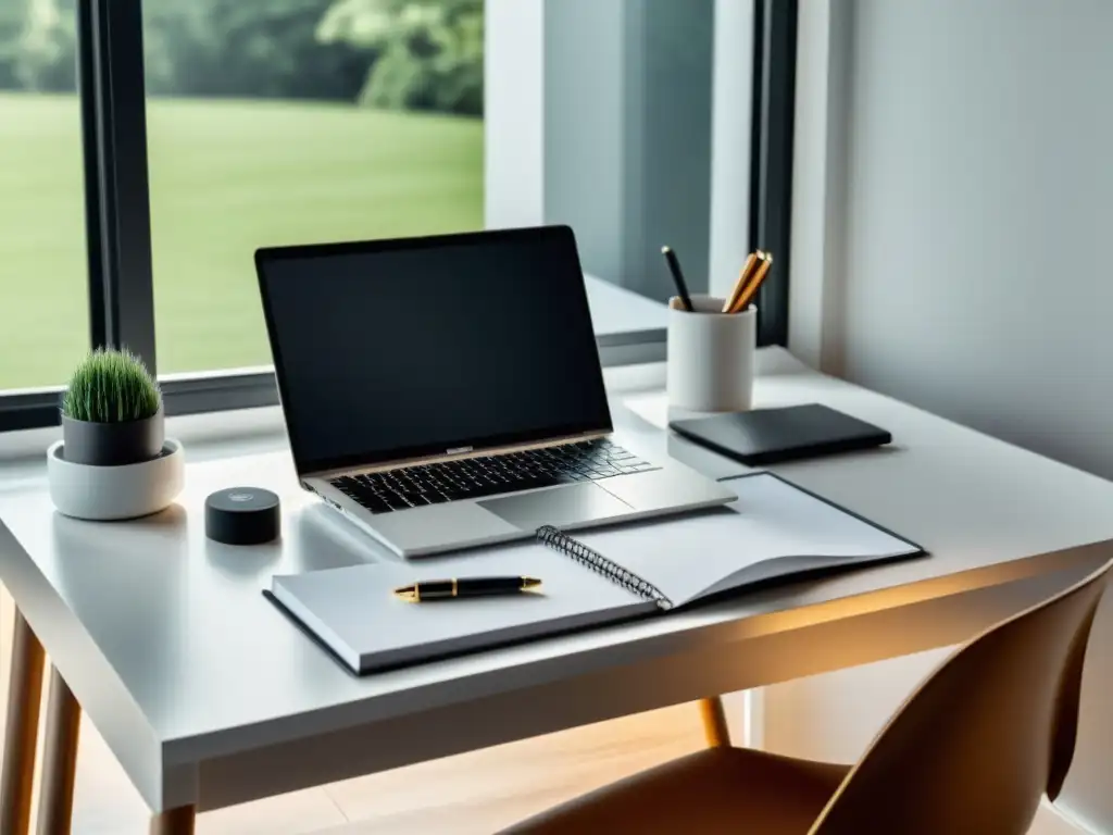 Espacio de trabajo minimalista con laptop, libreta y pluma, bañado en luz natural, ideal para generar estrategias vencer bloqueo escritor