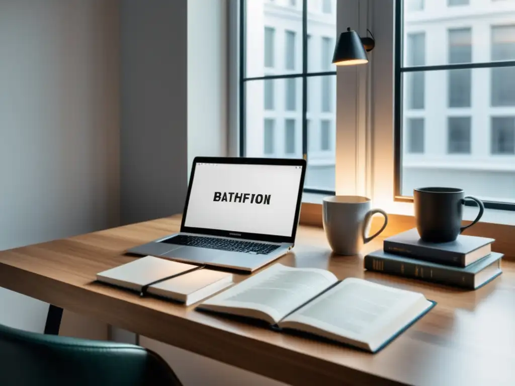 Un espacio de trabajo minimalista con un moderno portátil, libros sobre escritura no ficción y una taza de café, bañado en luz natural