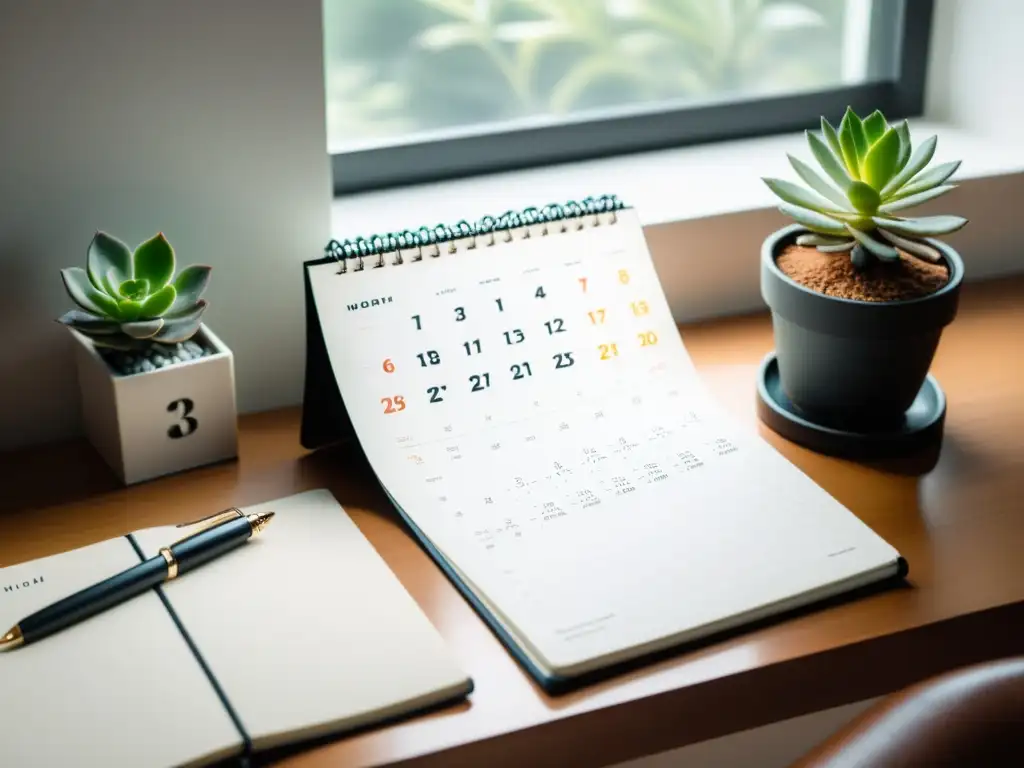 Un espacio de trabajo minimalista con un moderno calendario abierto, rodeado de herramientas de escritura seleccionadas y una suculenta