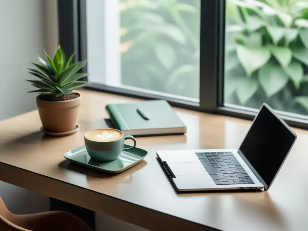 Un espacio de trabajo minimalista y moderno con laptop, cuaderno y café